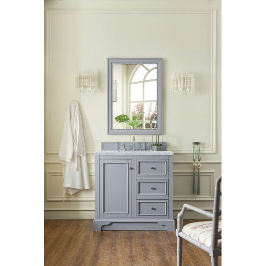 De Soto 36" Single Vanity, Silver Gray w/ 3 CM Carrara Marble Top