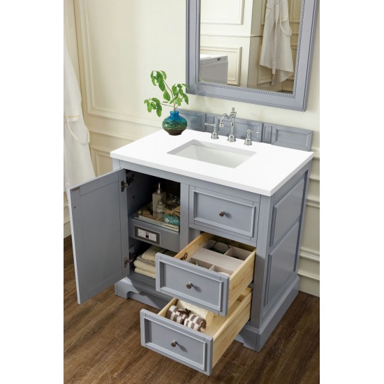 De Soto 36" Single Vanity, Silver Gray w/ 3 CM Classic White Quartz Top