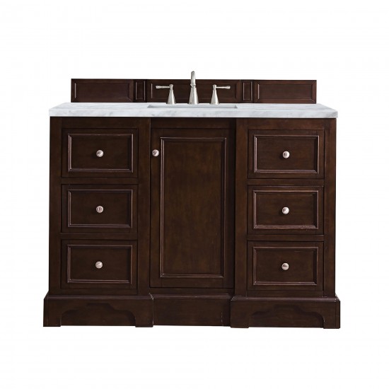 De Soto 48" Single Vanity, Burnished Mahogany w/ 3 CM Carrara Marble Top