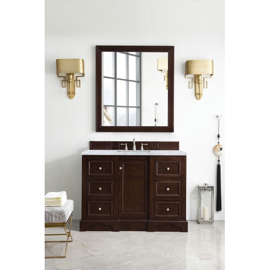 De Soto 48" Single Vanity, Burnished Mahogany w/ 3 CM Carrara Marble Top