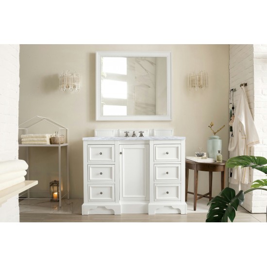 De Soto 48" Single Vanity, Bright White w/ 3 CM Carrara Marble Top