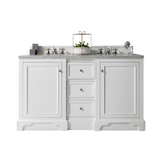 De Soto 60" Double Vanity, Bright White w/ 3 CM Carrara Marble Top