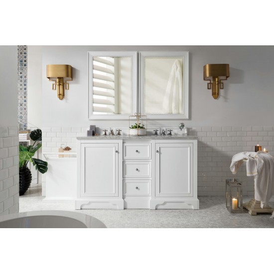 De Soto 60" Double Vanity, Bright White w/ 3 CM Carrara Marble Top