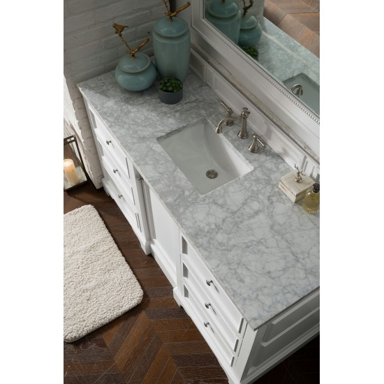 De Soto 60" Single Vanity, Bright White w/ 3 CM Carrara Marble Top