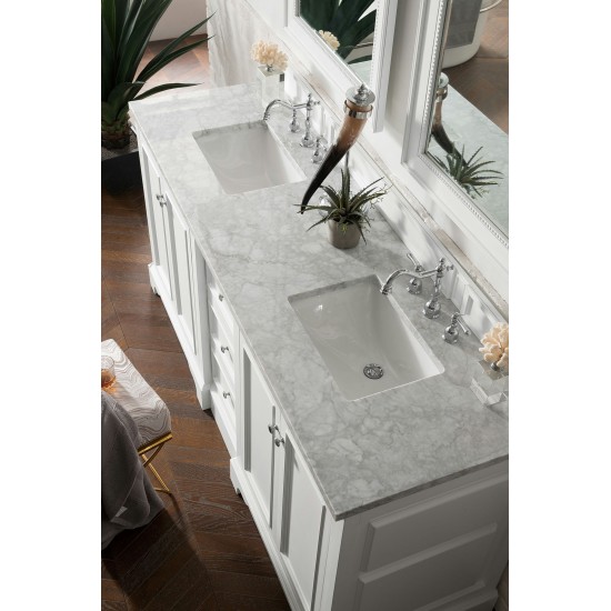 De Soto 72" Double Vanity, Bright White w/ 3 CM Carrara Marble Top