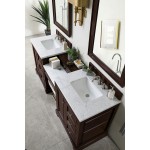 De Soto 82" Double Vanity Set Mahogany w/Makeup Table 3 CM Carrara Marble Top