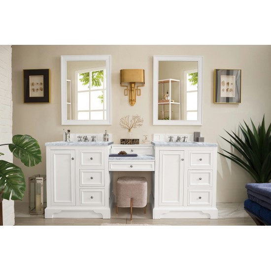 De Soto 82" Double Vanity Set White w/Makeup Table 3 CM Carrara Marble Top