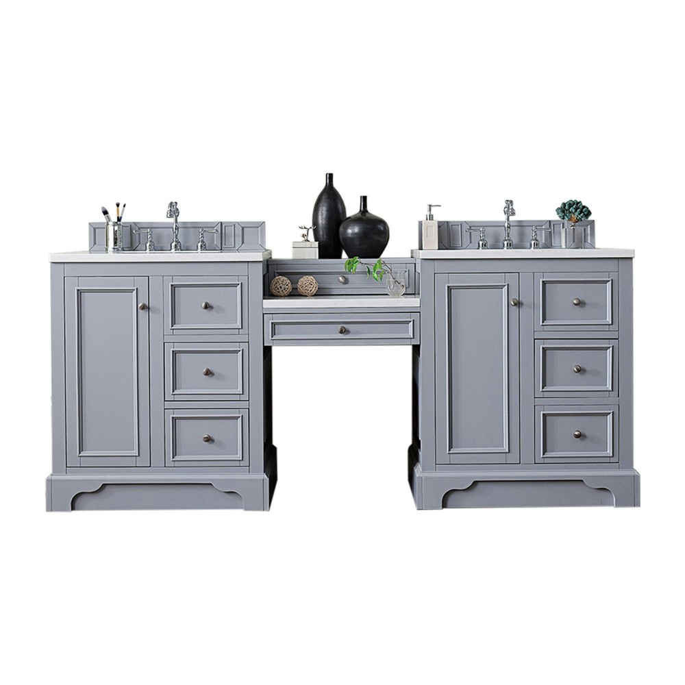 De Soto 82" Double Vanity Set Silver Gray w/Makeup Table 3 CM Carrara Marble Top