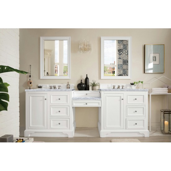 De Soto 94" Double Vanity Set White w/Makeup Table 3 CM Carrara Marble Top