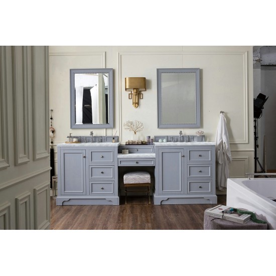 De Soto 94" Double Vanity Set Silver Gray w/Makeup Table 3 CM Carrara Marble Top