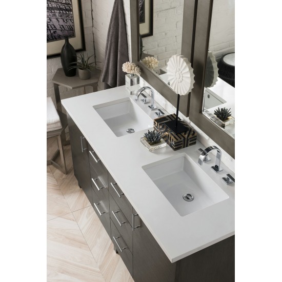 Metropolitan 60" Double Vanity, Silver Oak, w/ 3 CM Classic White Quartz Top