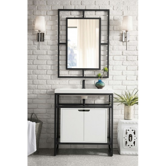 Boston 31.5" Sink Console Black w/ White Storage Cabinet White Composite Top