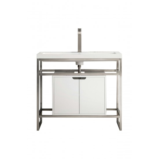 Boston 39.5" Sink Console Nickel w/ White Storage Cabinet White Composite Top