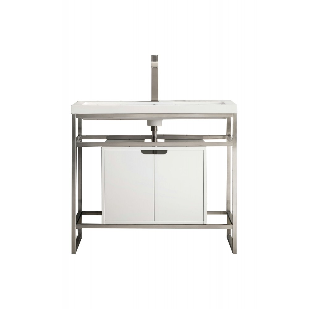 Boston 39.5" Sink Console Nickel w/ White Storage Cabinet White Composite Top Boston 39.5" Sink Console Nickel w/ White Storage Cabinet White Composite Top