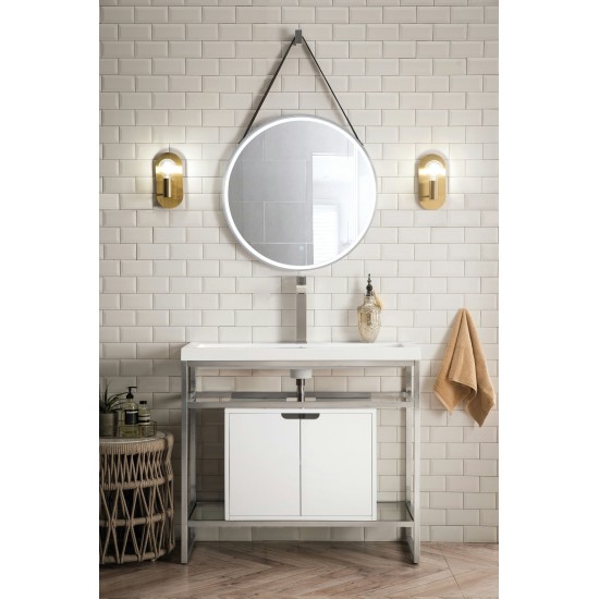 Boston 39.5" Sink Console Nickel w/ White Storage Cabinet White Composite Top