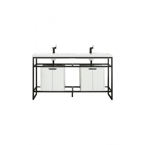 Boston 63" Sink Console Black w/ White Storage Cabinet White Composite Top