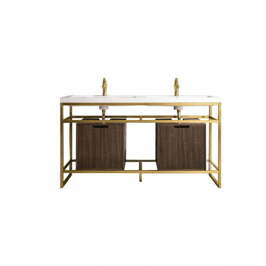 Boston 63" Sink Console Radiant Gold, Walnut Storage Cabinet White Composite Top