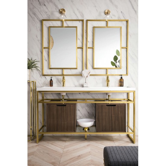 Boston 63" Sink Console Radiant Gold, Walnut Storage Cabinet White Composite Top