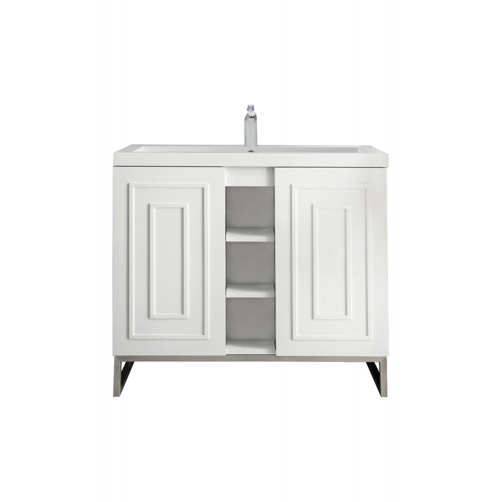 Alicante' 39.5" Single Vanity Glossy White Nickel w/White Glossy Composite Top