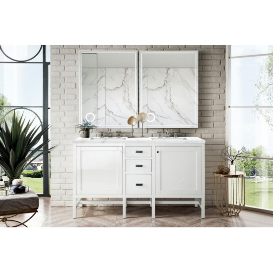 Addison 60" Double Vanity Cabinet, Glossy White, w/ 3 CM Carrara White Top