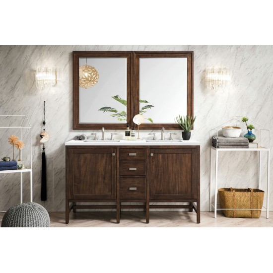 Addison 60" Double Vanity, Mid Century Acacia, w/ 3 CM Classic White Quartz Top