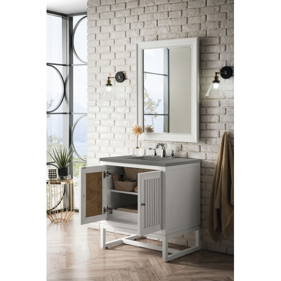 Athens 30" Single Vanity Cabinet, Glossy White, w/ 3 CM Grey Expo Quartz Top