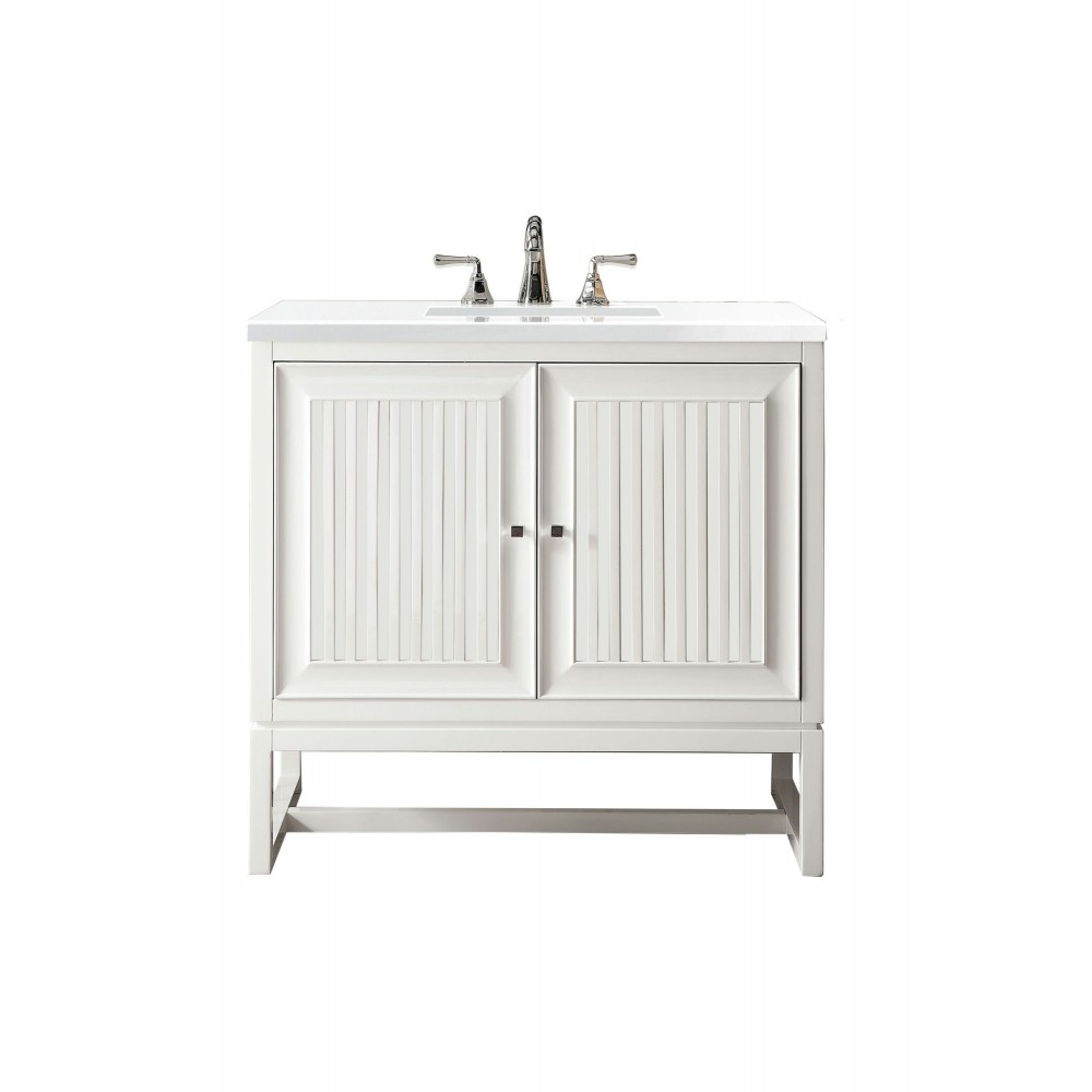 Athens 36" Single Vanity Cabinet, Glossy White, w/ 3 CM Classic White Quartz Top