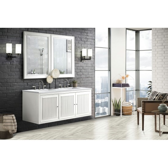 Athens 60" Double Vanity, Glossy White, w/ 3 CM Arctic Fall Solid Surface Top