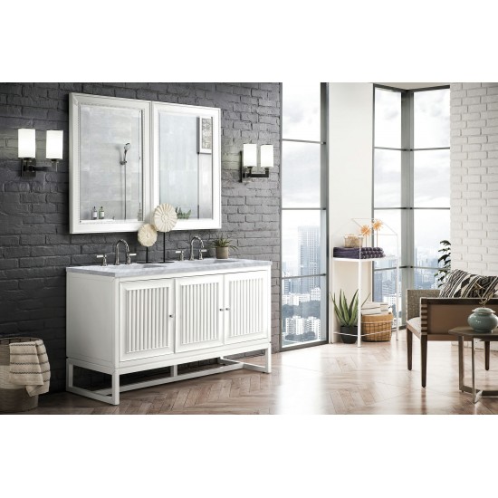 Athens 60" Double Vanity Cabinet, Glossy White, w/ 3 CM Carrara White Top
