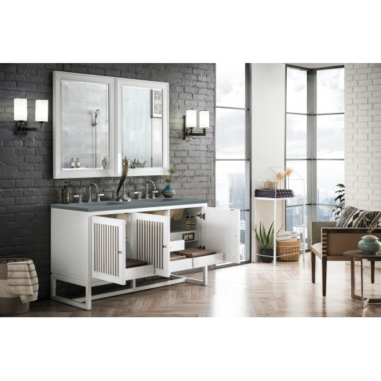 Athens 60" Double Vanity Cabinet, Glossy White, w/ 3 CM Cala Blue Top