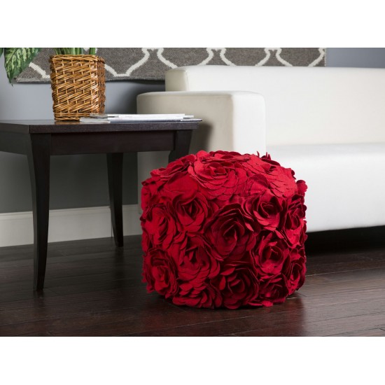 Surya Felted Floral Red Pouf 14"H X 18"W X 18"D