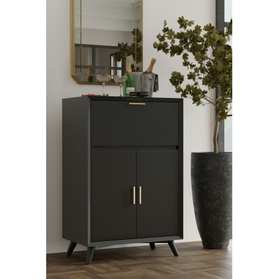 Alpine Furniture Flynn Large Bar Cabinet with Drop Down Tray, Black