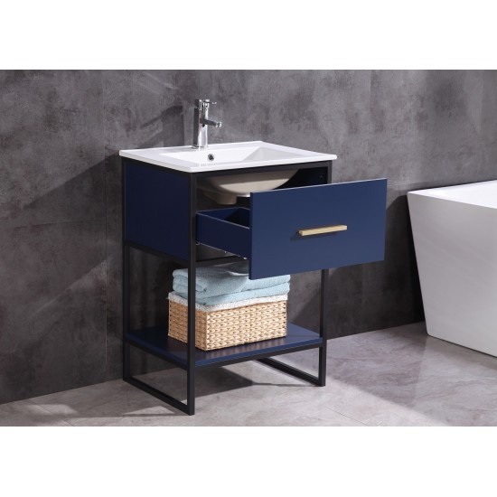 24" Blue Finish Sink Vanity With Black Metal Frame-Pvc