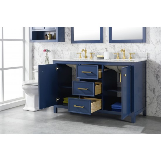 Legion Furniture 54" Blue Finish Sink Vanity Cabinet With Carrara White Top