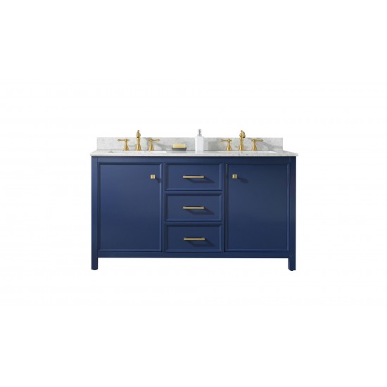 60" Blue Sink Vanity Cabinet With Carrara White Top