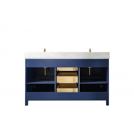 60" Blue Sink Vanity Cabinet With Carrara White Top