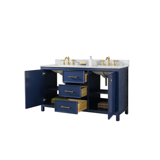 60" Blue Sink Vanity Cabinet With Carrara White Top