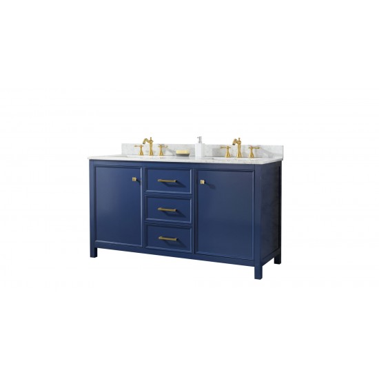 60" Blue Sink Vanity Cabinet With Carrara White Top