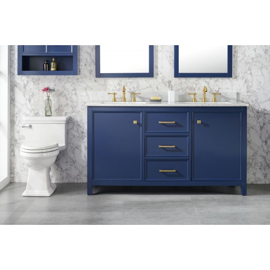 60" Blue Sink Vanity Cabinet With Carrara White Top