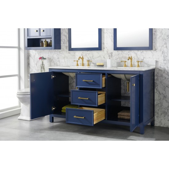 60" Blue Sink Vanity Cabinet With Carrara White Top