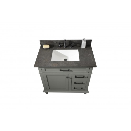 36" Pewter Green Finish Sink Vanity Cabinet With Blue Lime Stone Top
