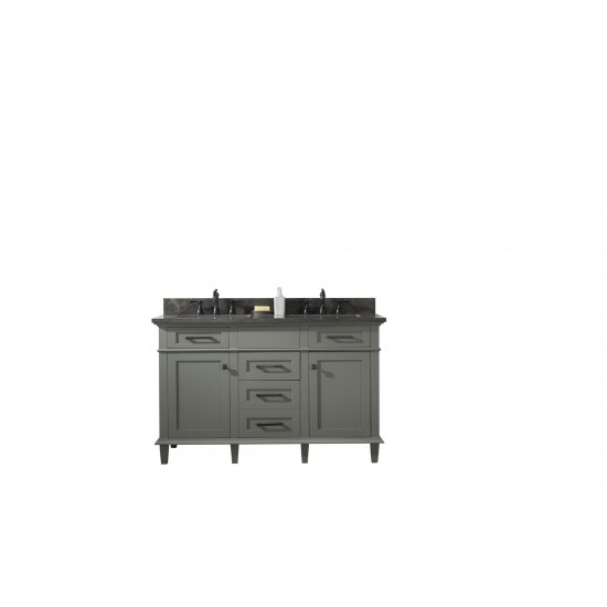 54" Pewter Green Finish Double Sink Vanity Cabinet With Blue Lime Stone Top