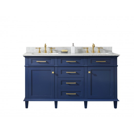 60" Blue Finish Double Sink Vanity Cabinet With Carrara White Top