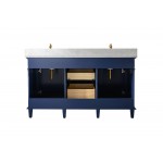 60" Blue Finish Double Sink Vanity Cabinet With Carrara White Top