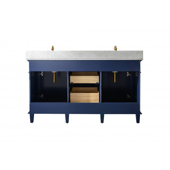 60" Blue Finish Double Sink Vanity Cabinet With Carrara White Top