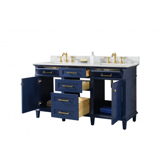 60" Blue Finish Double Sink Vanity Cabinet With Carrara White Top