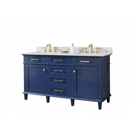 60" Blue Finish Double Sink Vanity Cabinet With Carrara White Top