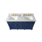 60" Blue Finish Double Sink Vanity Cabinet With Carrara White Top