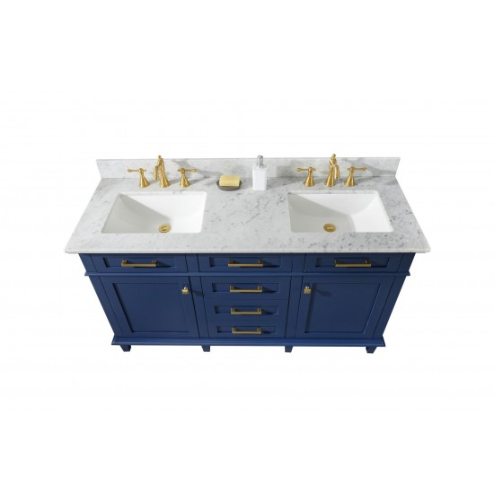 60" Blue Finish Double Sink Vanity Cabinet With Carrara White Top