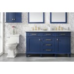 60" Blue Finish Double Sink Vanity Cabinet With Carrara White Top